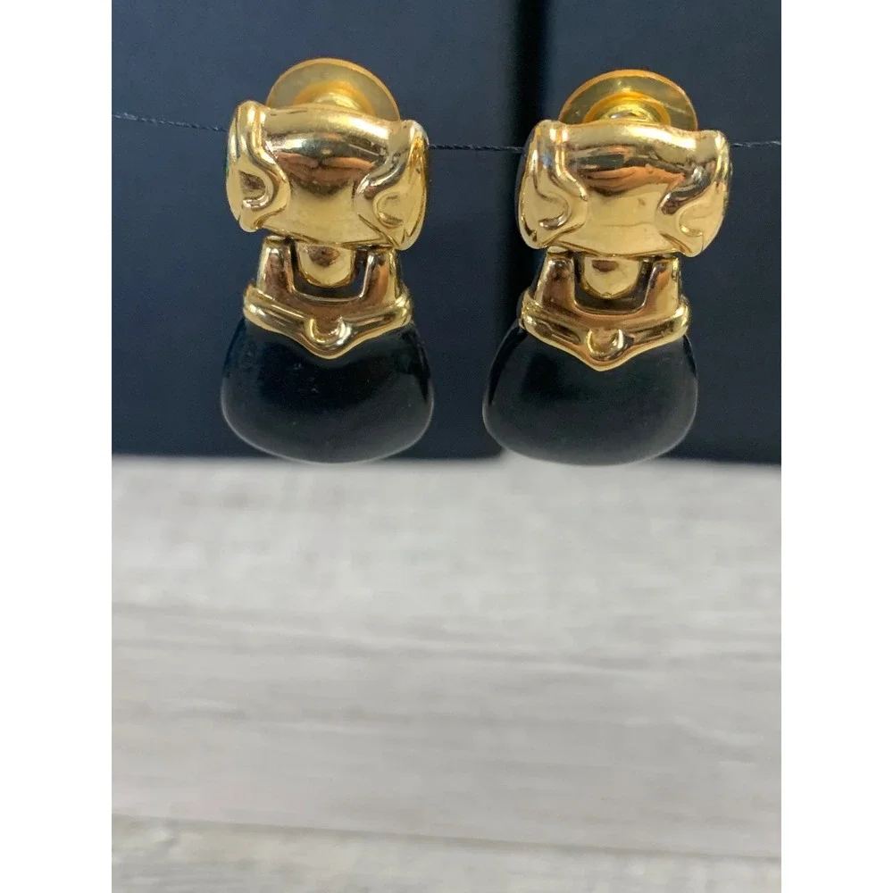 Vintage Gold Tone Black Enamel Door Knocker Drop Earrings Articulated Statement